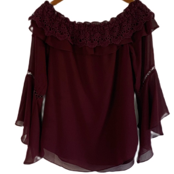 White House Black Market Maroon Lace Collar Crocheted Long Flutter Cuff Blouse - Picture 5 of 9
